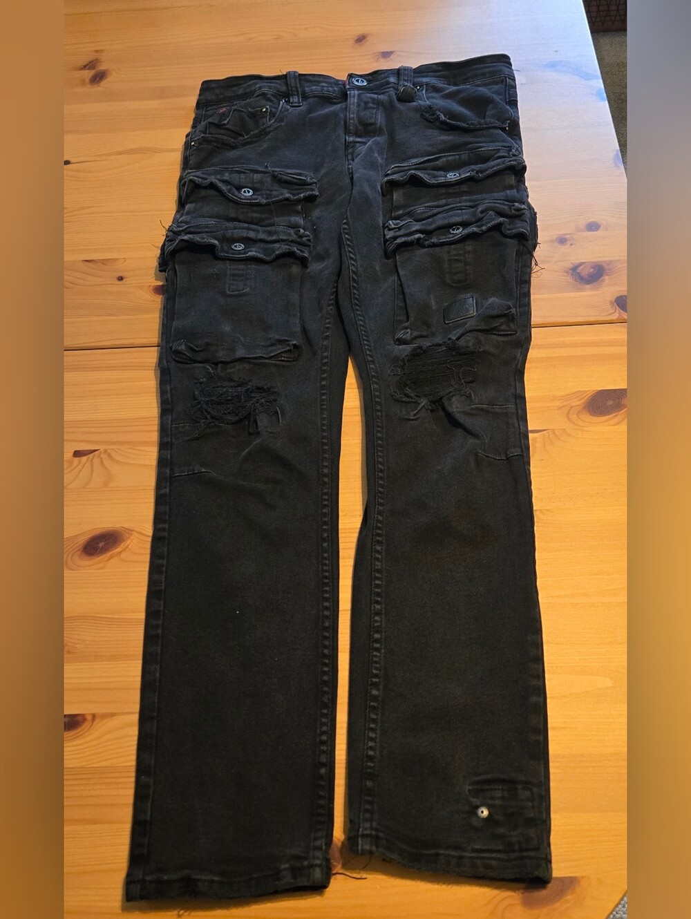 Smugglers Moon Mens Black Distressed Multi Pocket Cargo Jeans 34x29